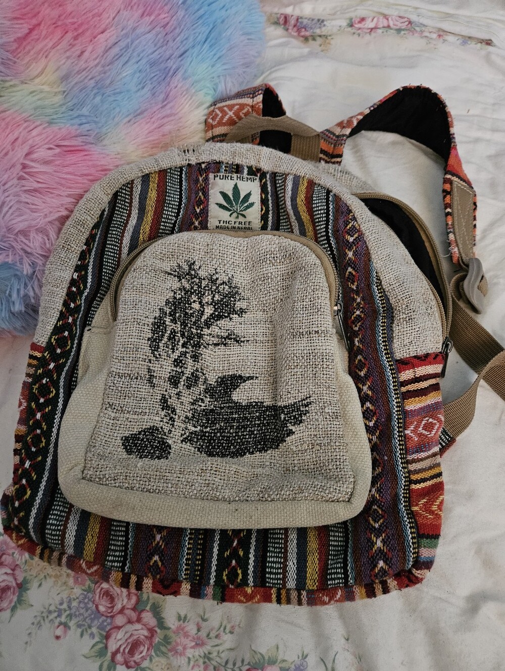 PURE HEMP THC FREE made In Nepal Multicolor Woven Backpack - Beige & Red Accent
